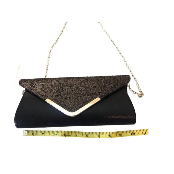 EVENING Bag Black Satin Glitter Clutch with Silver Hardware and Chain - Picture 7 of 10